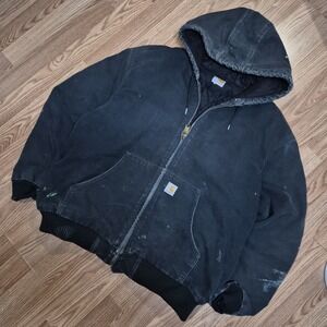 Vintage Carhartt Hooded Zip Duck Jacket Men's XLarge J140 Black Distressed Faded